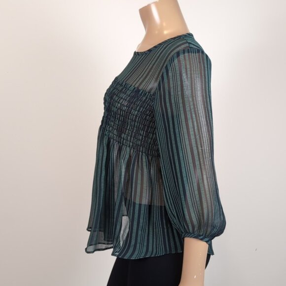 RW&Co Striped Sheer Blouse Smocked Draped Peasant Style Cropped Bubble Sleeve - Picture 4 of 9